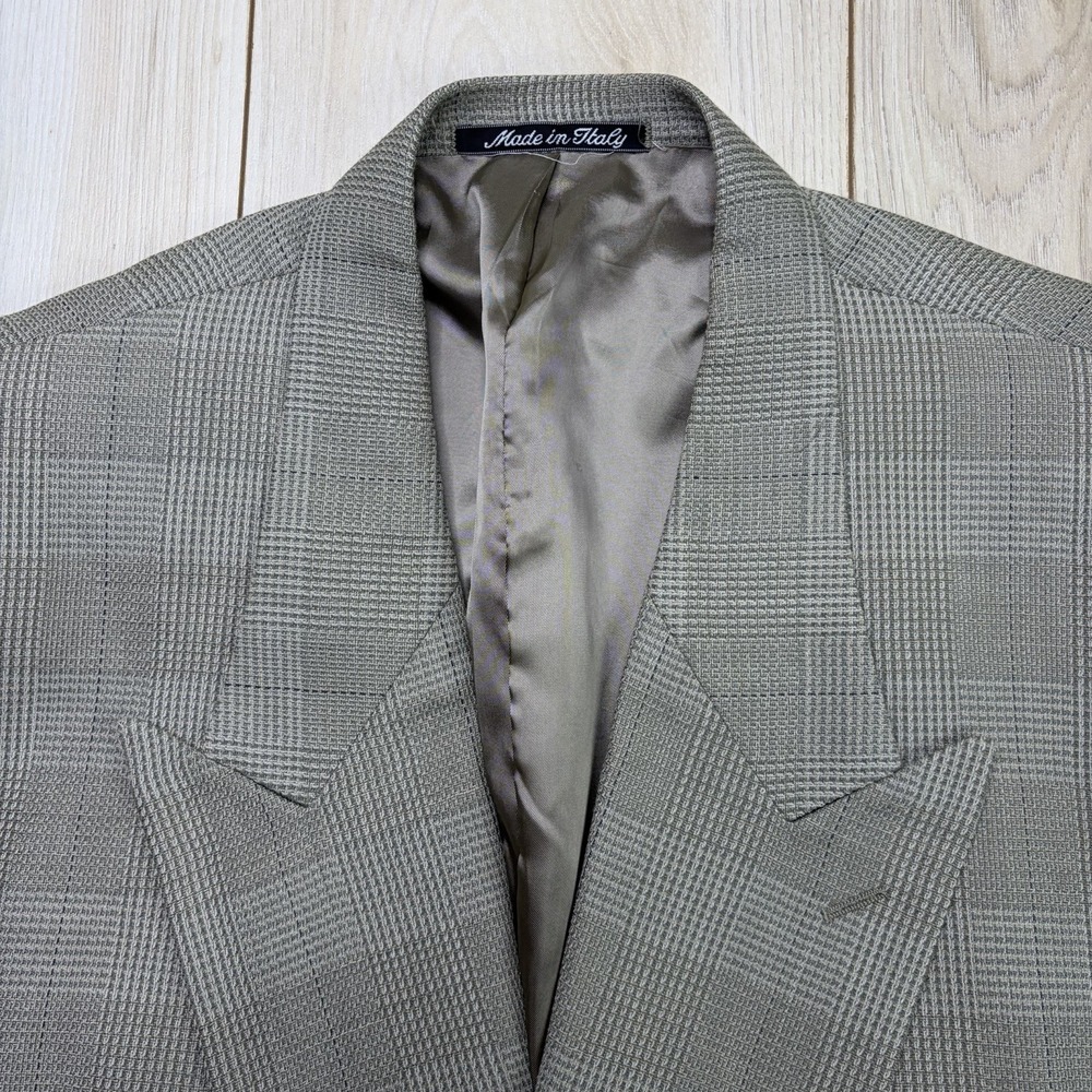 MANI Wool Linen Glen Plaid Striped Double Breasted Blazer Mens 44L Made In Italy - Picture 2 of 12
